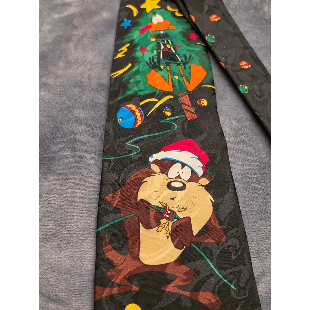 Vintage 1995 Looney Tunes Christmas Tie Taz Daffy Duck Holiday Black Silk Look